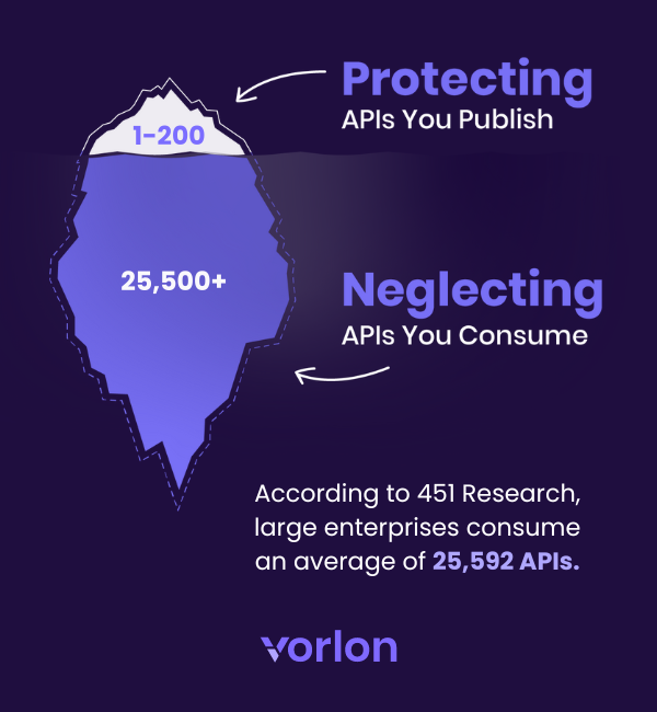 Vorlon image of Iceberg depicting API Security Market neglect of APIs consumed by Enterprises